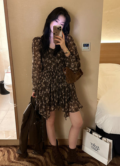 French V-neck Floral Print Dress