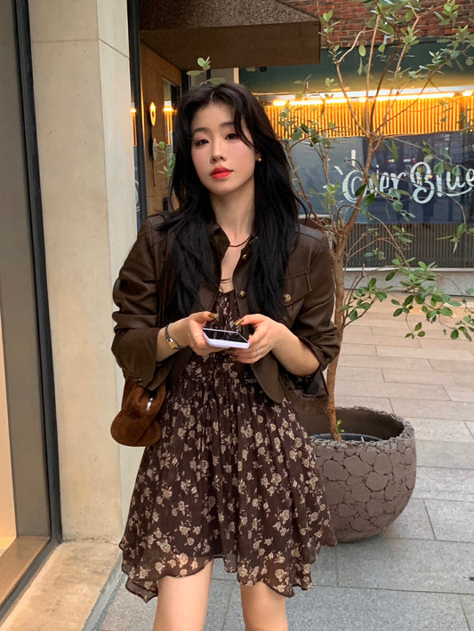 法式V領碎花連身裙