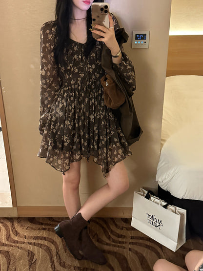 French V-neck Floral Print Dress