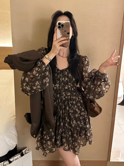 French V-neck Floral Print Dress