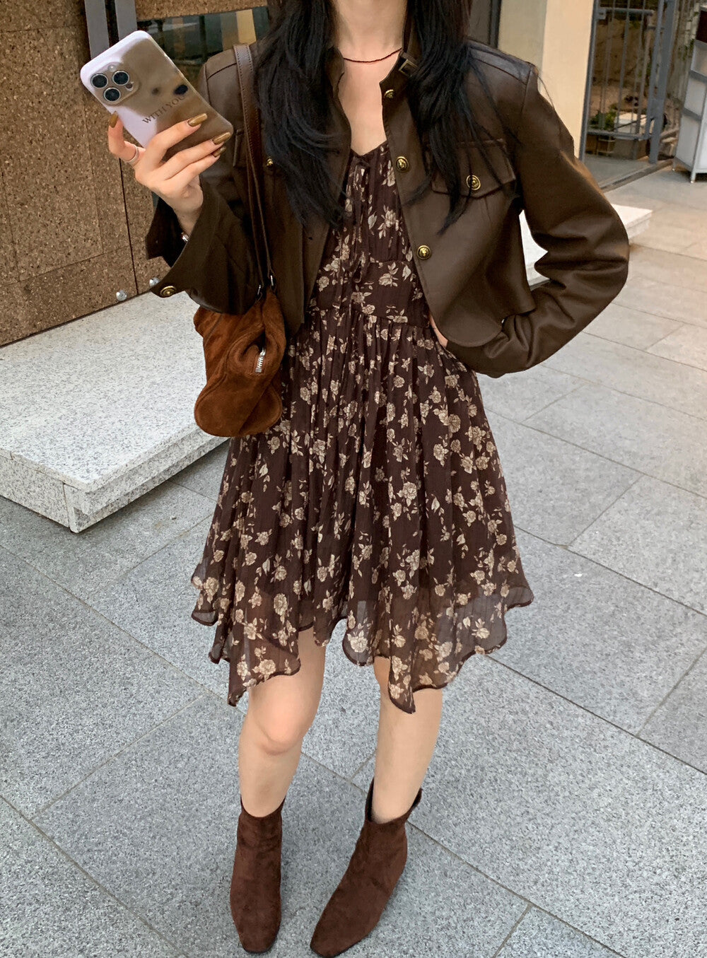 French V-neck Floral Print Dress