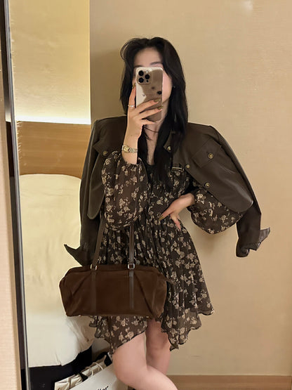 French V-neck Floral Print Dress