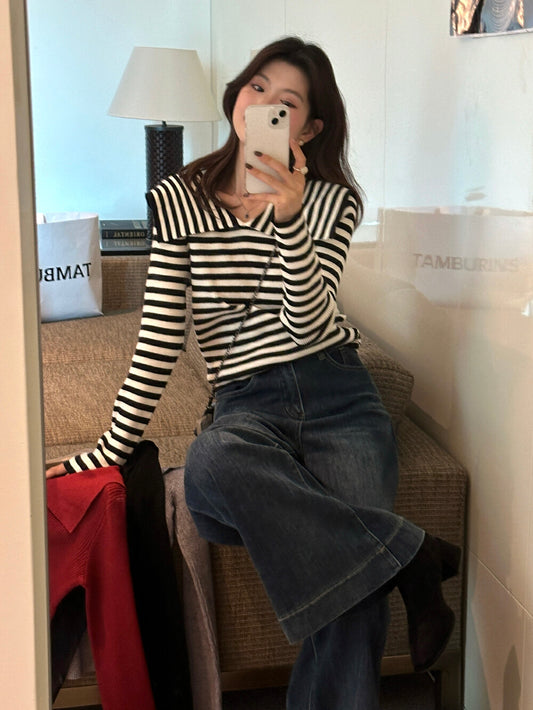 デザイン感のある襟付きニットトップ