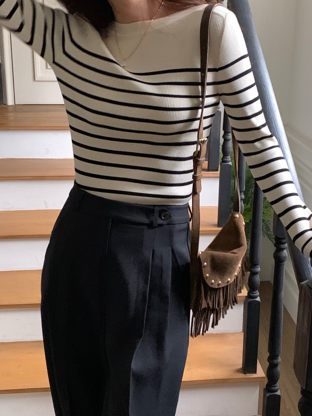 Color-blocked striped knit top