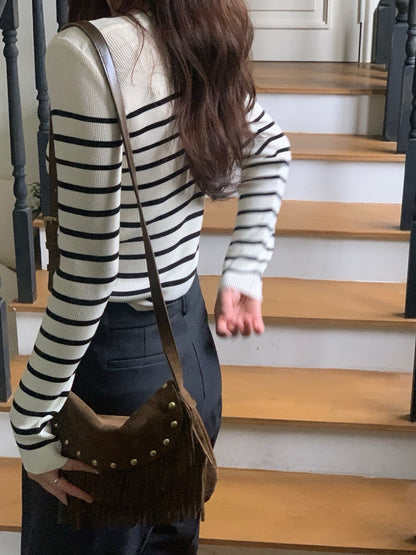 Color-blocked striped knit top