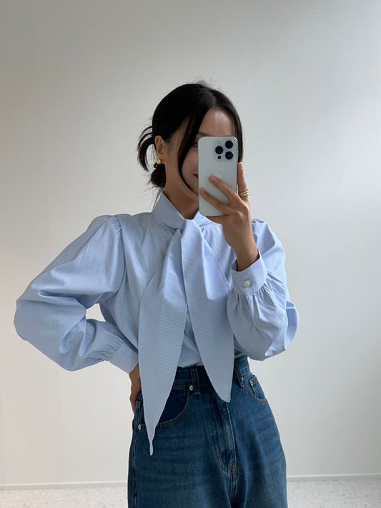 ストライプスタンドカラーボウタイブラウス