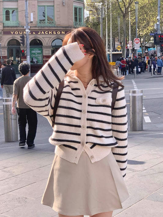 翻領撞色條紋開衫