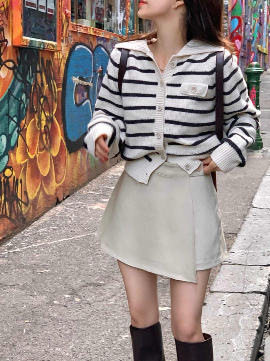 翻領撞色條紋開衫