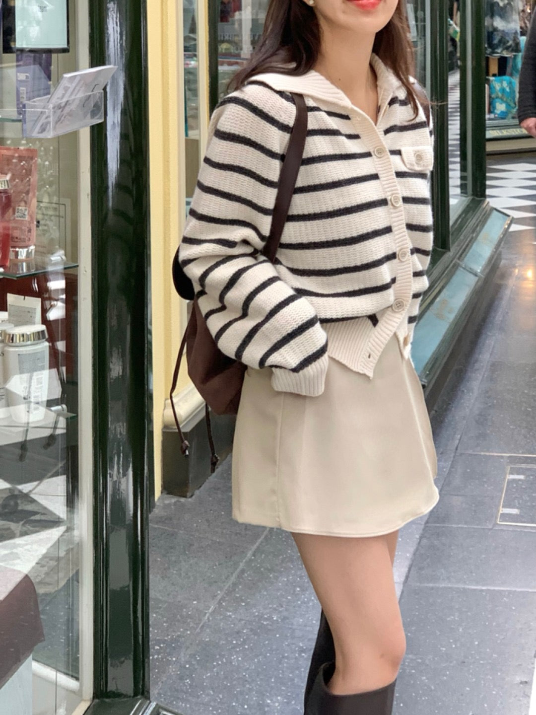 翻領撞色條紋開衫