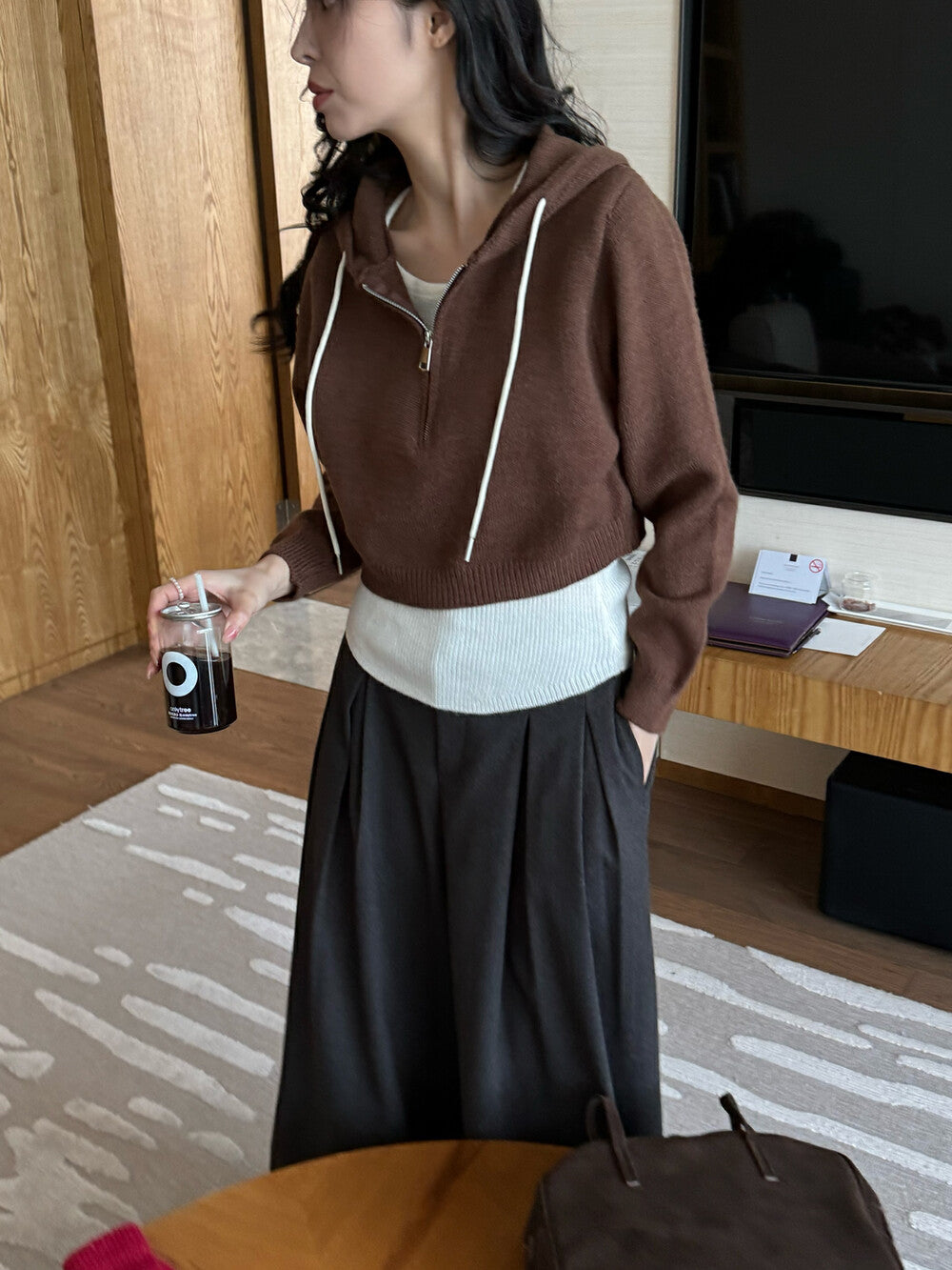 半拉鏈連帽毛衣+吊帶背心set