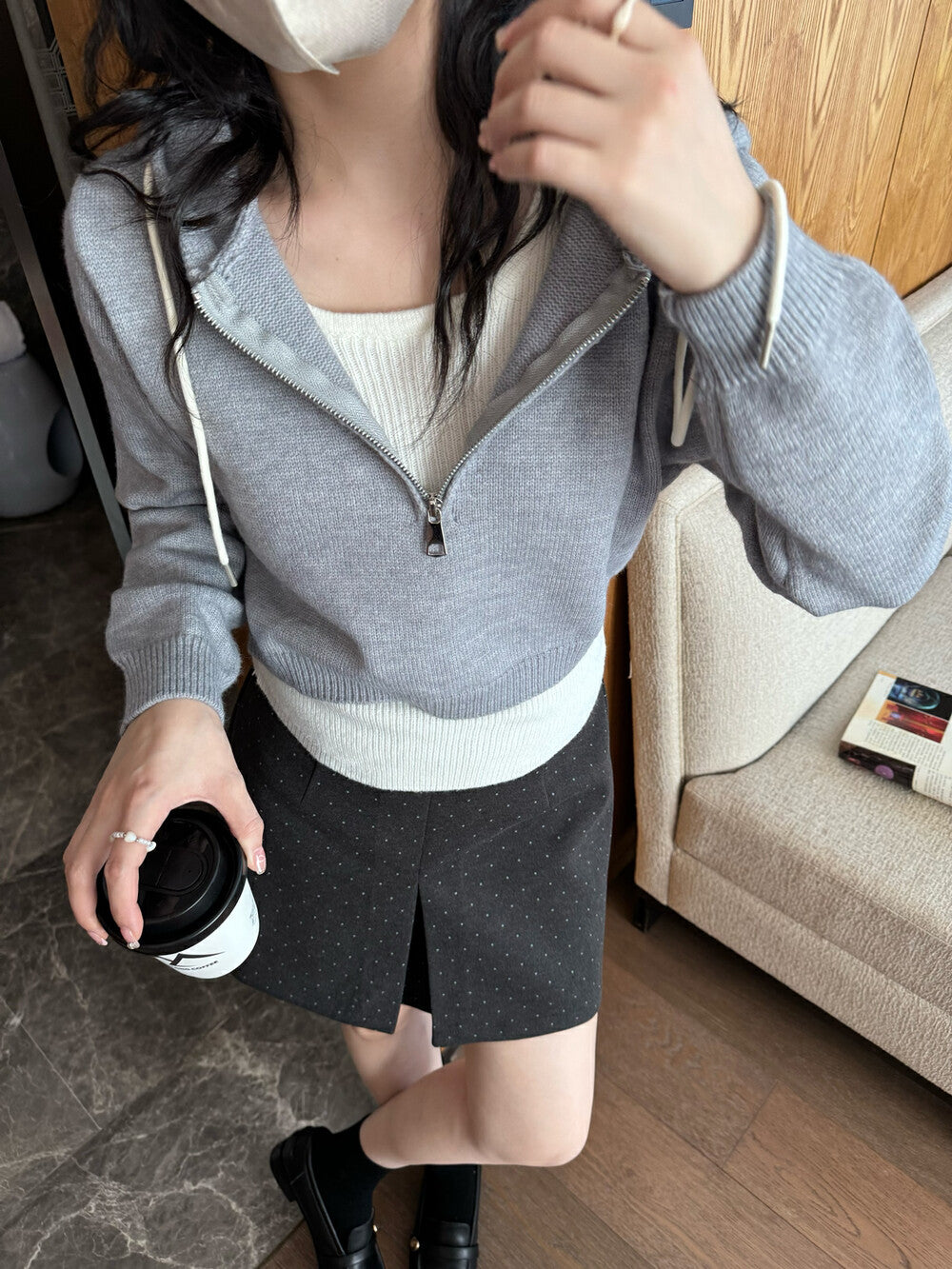 半拉鏈連帽毛衣+吊帶背心set