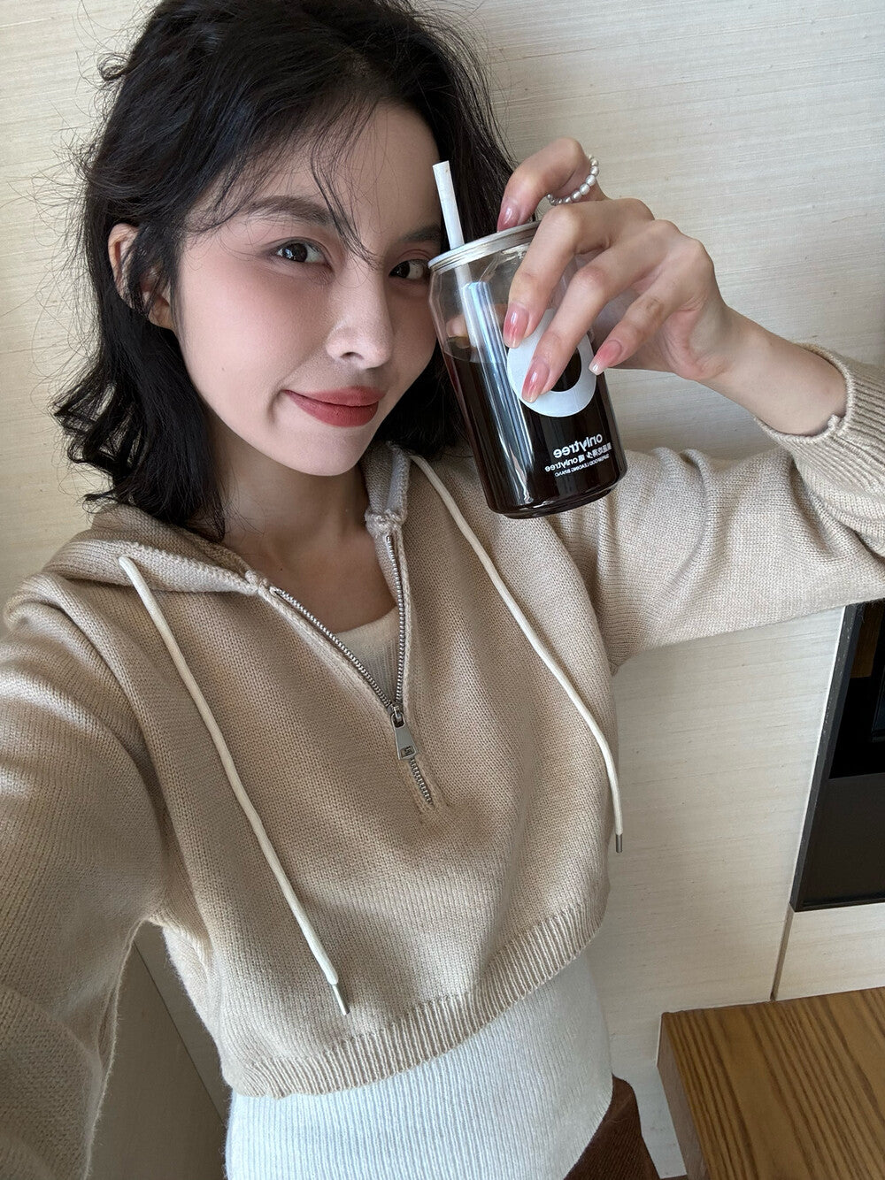 半拉鏈連帽毛衣+吊帶背心set