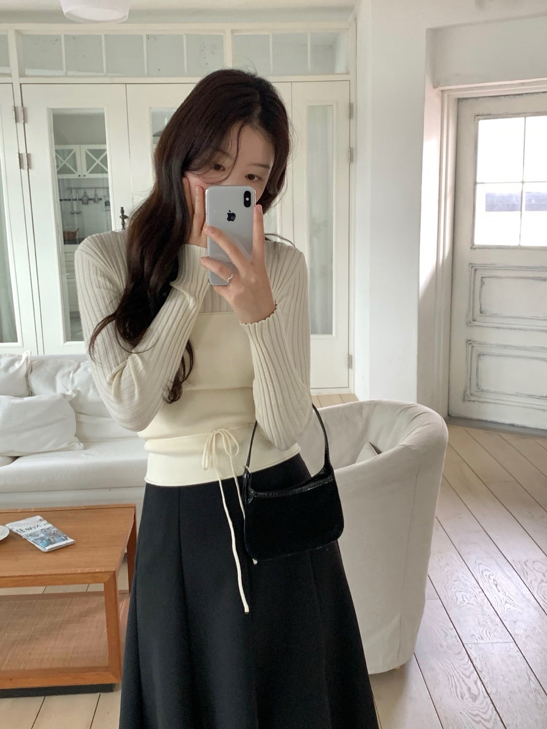 長袖セーター+リボン付きレイヤードベストセット