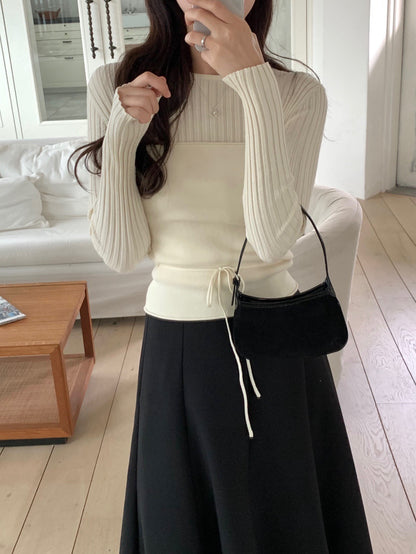 長袖セーター+リボン付きレイヤードベストセット