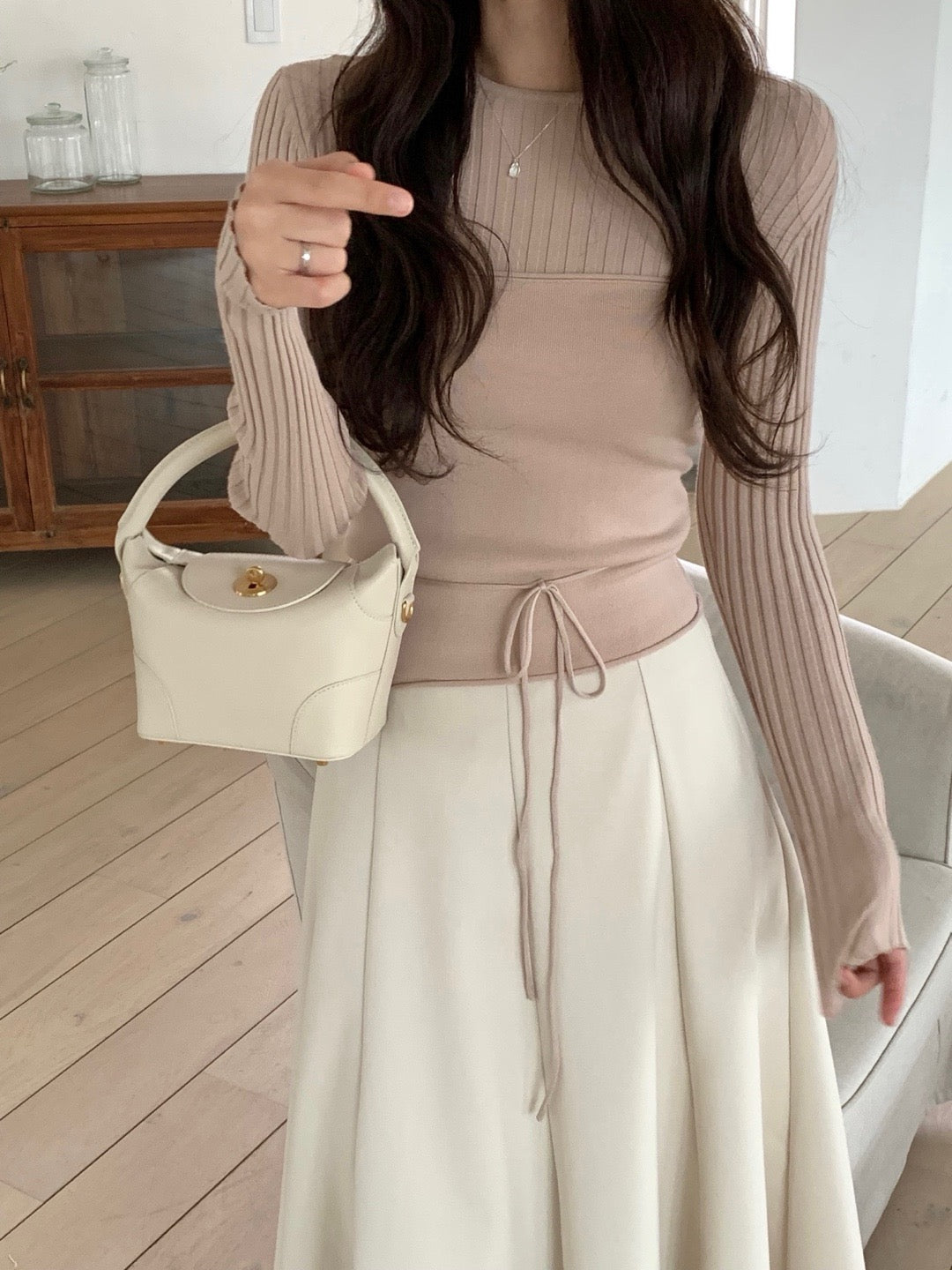 長袖セーター+リボン付きレイヤードベストセット