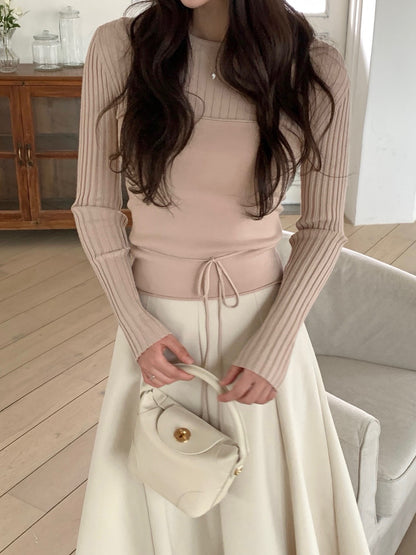 長袖セーター+リボン付きレイヤードベストセット