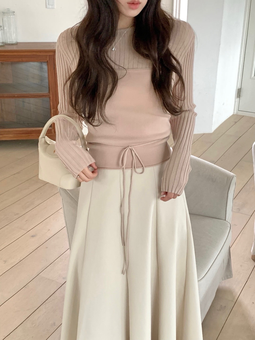 長袖セーター+リボン付きレイヤードベストセット