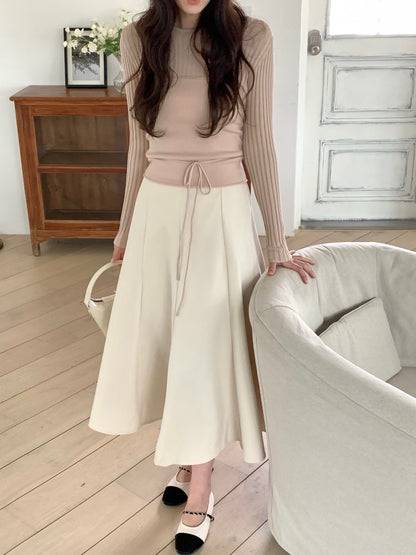 長袖セーター+リボン付きレイヤードベストセット