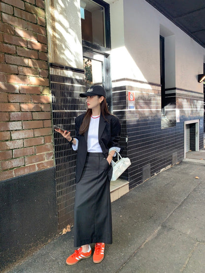 ハイウエストスリムストライプストレートスカート