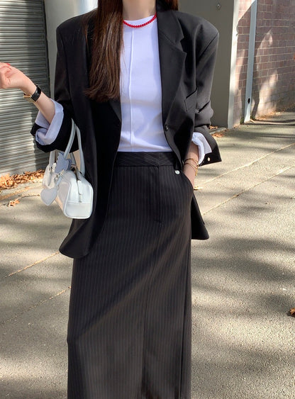 ハイウエストスリムストライプストレートスカート