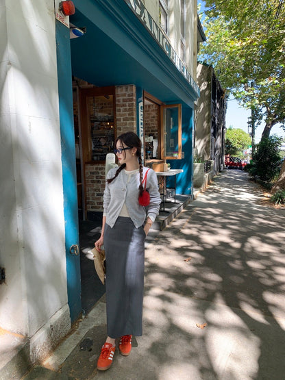 ハイウエストスリムストライプストレートスカート