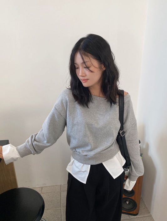 Asymmetrical Shoulder Patchwork Faux Two-Piece Sweatshirt