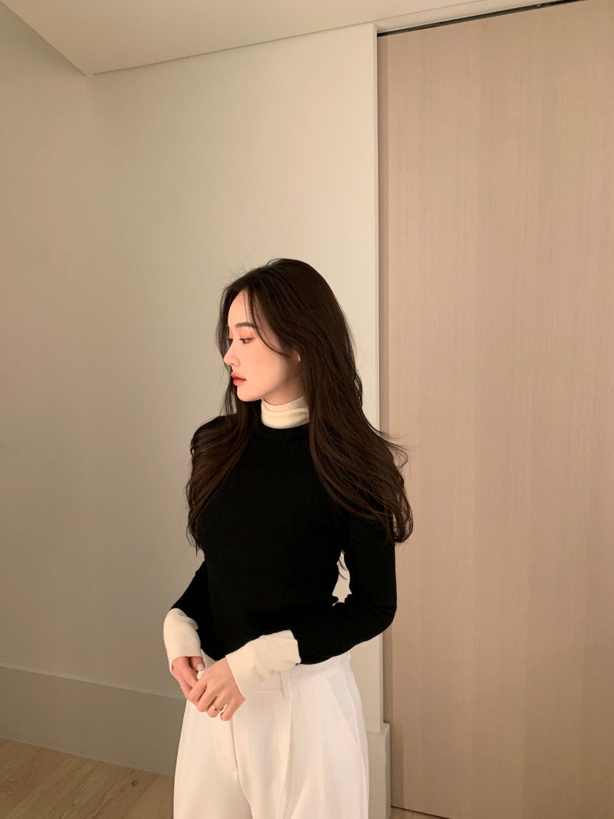 タートルネック配色ニットトップ