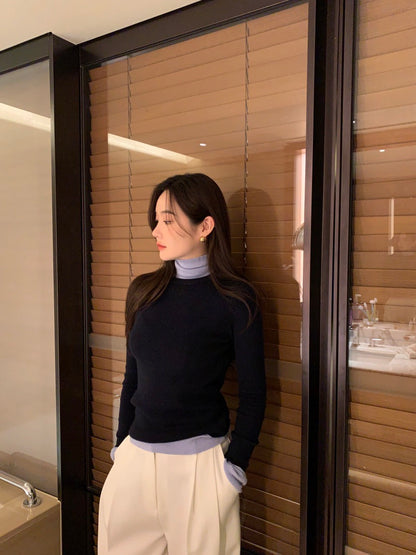 タートルネック配色ニットトップ