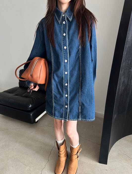 翻領寬鬆單排扣牛仔裙