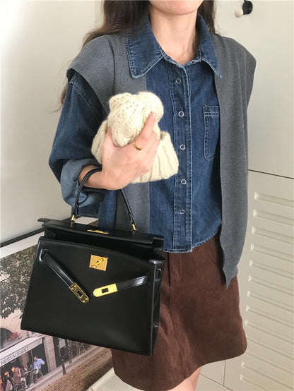 翻領牛仔上衣+毛織披肩set