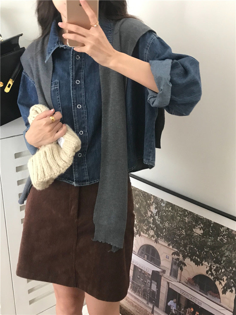 翻領牛仔上衣+毛織披肩set
