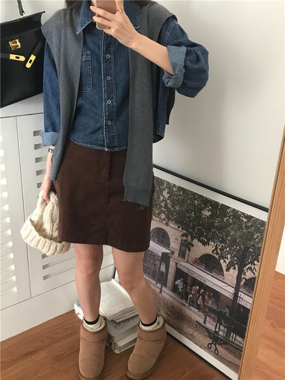 翻領牛仔上衣+毛織披肩set