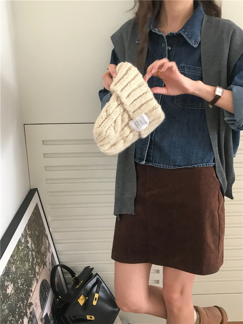 翻領牛仔上衣+毛織披肩set