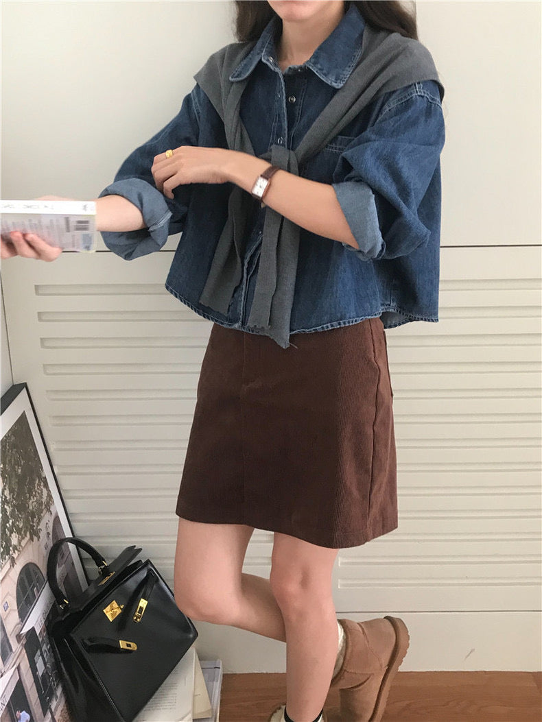 翻領牛仔上衣+毛織披肩set