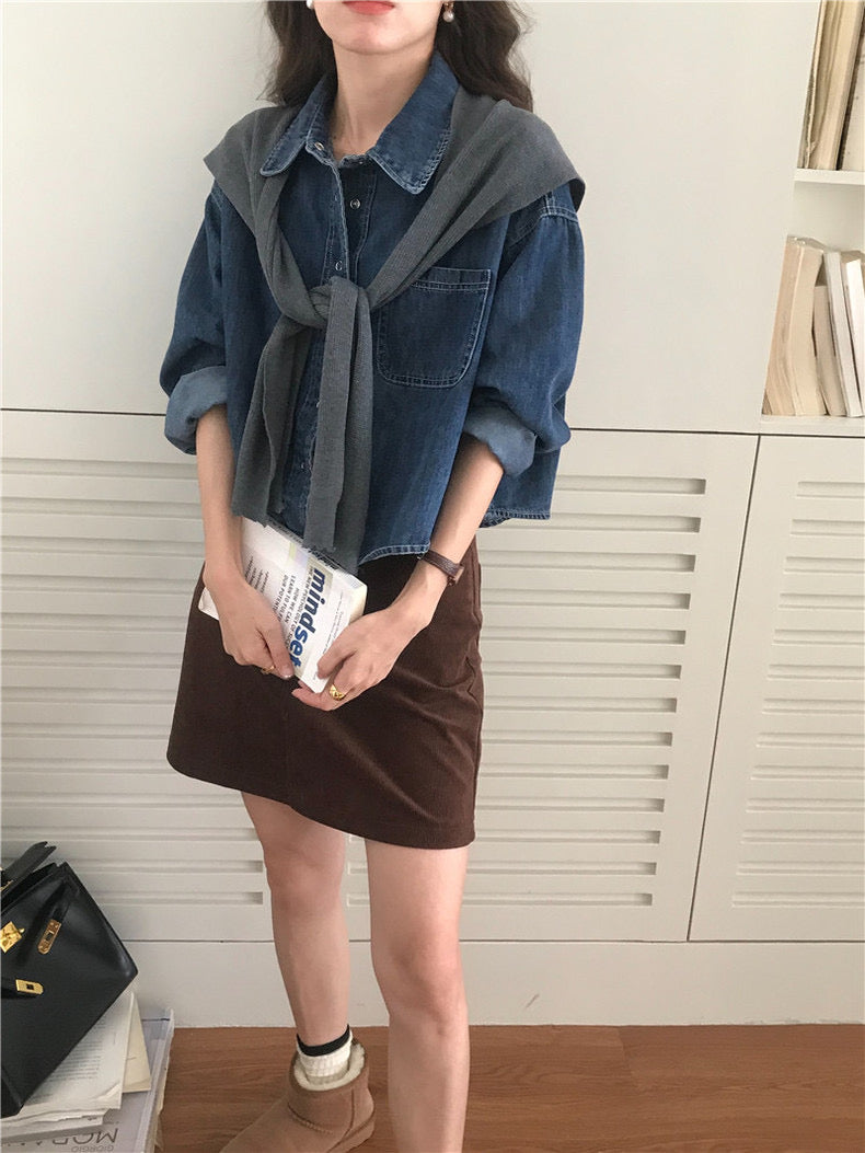 翻領牛仔上衣+毛織披肩set