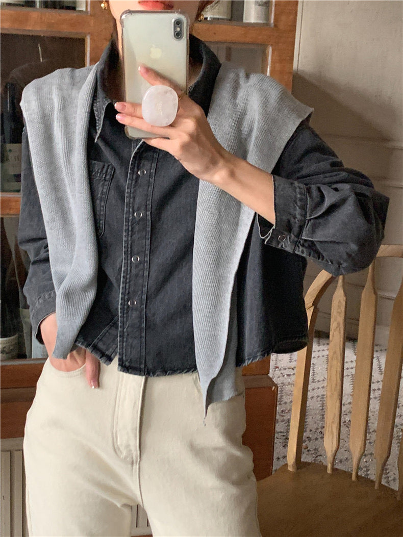 翻領牛仔上衣+毛織披肩set