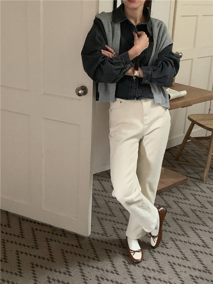 翻領牛仔上衣+毛織披肩set