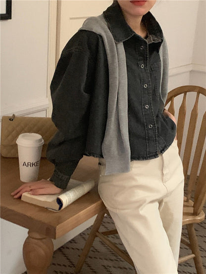 翻領牛仔上衣+毛織披肩set