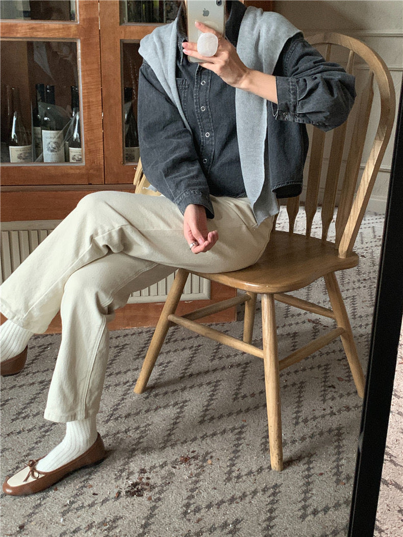 翻領牛仔上衣+毛織披肩set