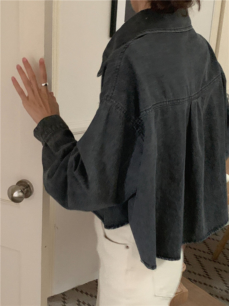 翻領牛仔上衣+毛織披肩set