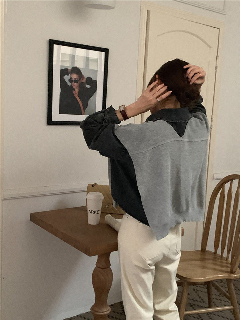 翻領牛仔上衣+毛織披肩set