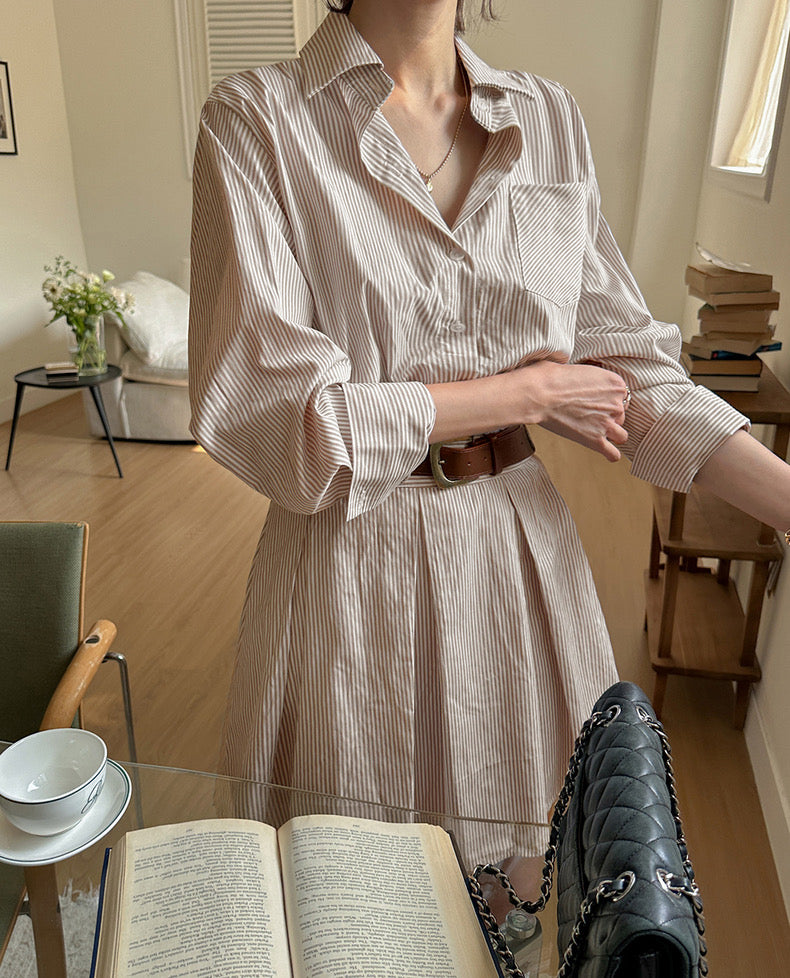 Striped A-line Pleated Dress