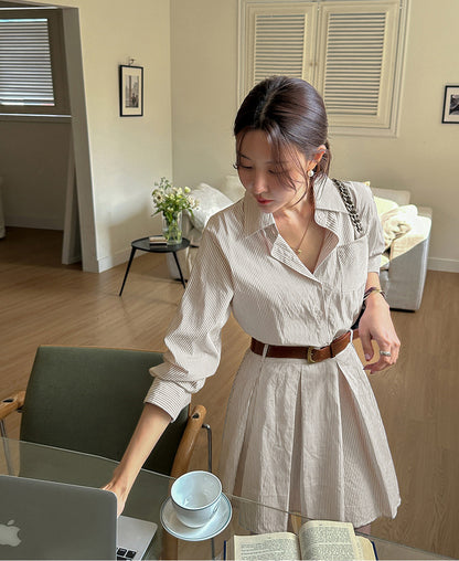 Striped A-line Pleated Dress