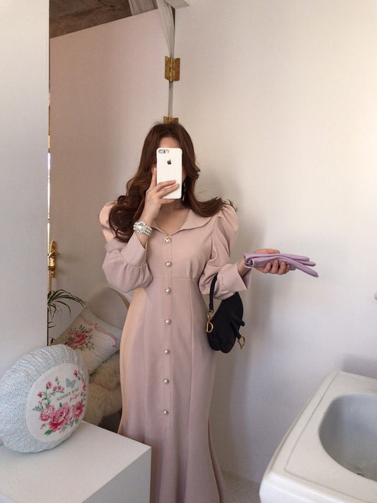 法式泡泡袖顯瘦魚尾連身裙