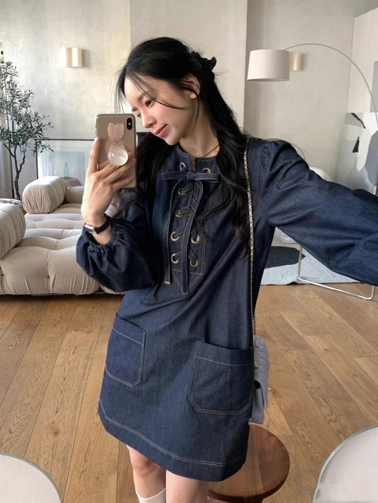 交叉綁帶牛仔連身裙