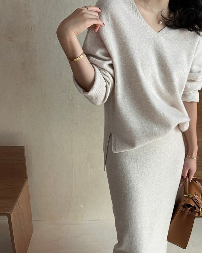 柔らかい長袖ニットセーター+ハイウエストタイトスカートセット