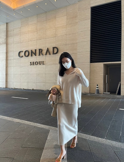 柔らかい長袖ニットセーター+ハイウエストタイトスカートセット