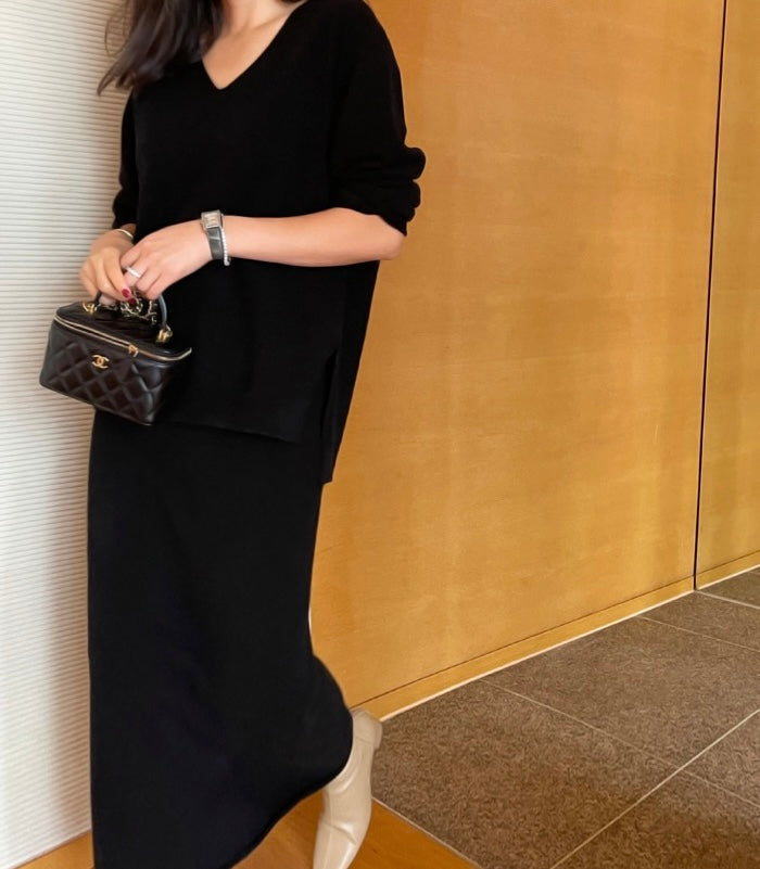 柔らかい長袖ニットセーター+ハイウエストタイトスカートセット