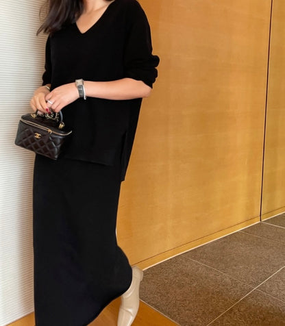 柔らかい長袖ニットセーター+ハイウエストタイトスカートセット