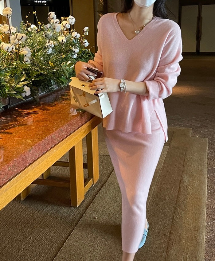 柔らかい長袖ニットセーター+ハイウエストタイトスカートセット